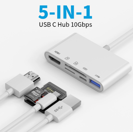 5-in-1 USB-C OTG Adapter – HDMI + USB Card Reader Hub for Smartphones and Tablets